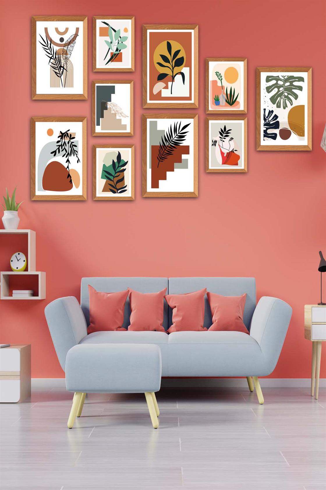 10 Parça Bohem Tarzında Ahşap Çerçeve Görünümlü Uv Baskı Mdf Tablo Seti