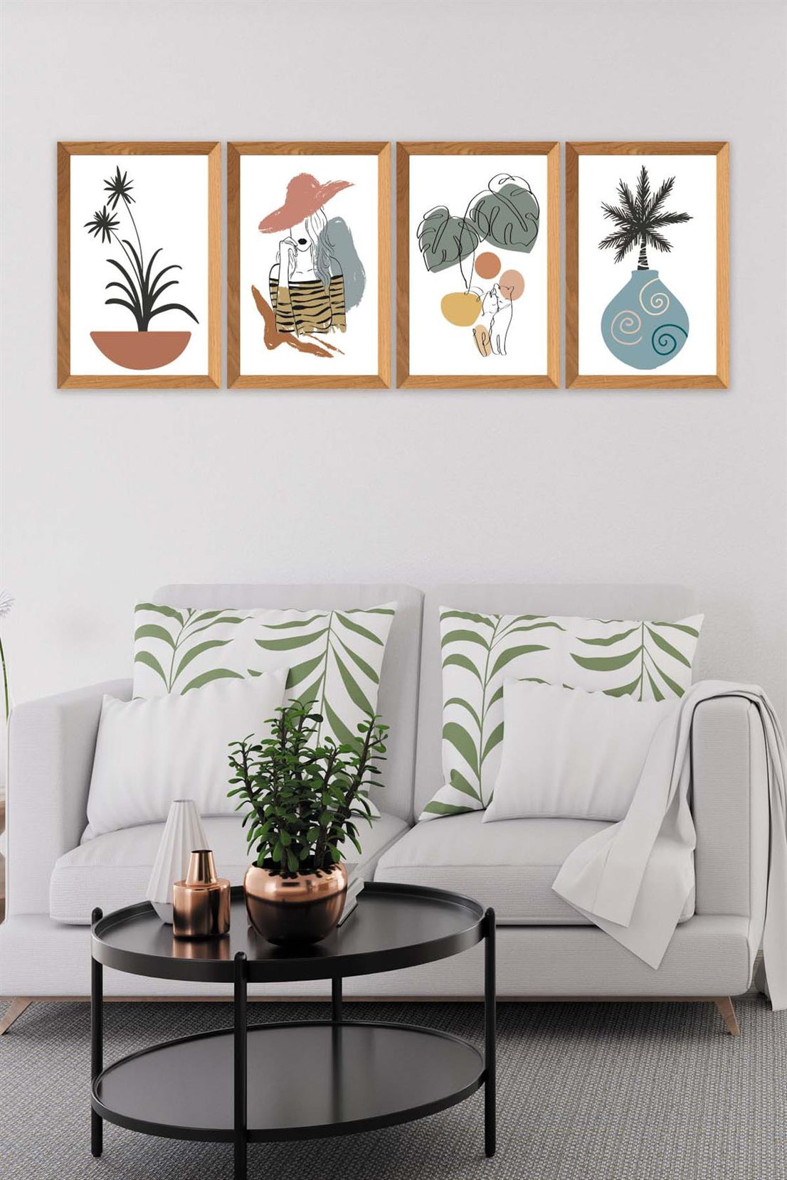 4 Parça Modern Sanatsal Bohem Tarzda (Ahşap çerçeve görünümlü) Uv Baskı Mdf Tablo Seti