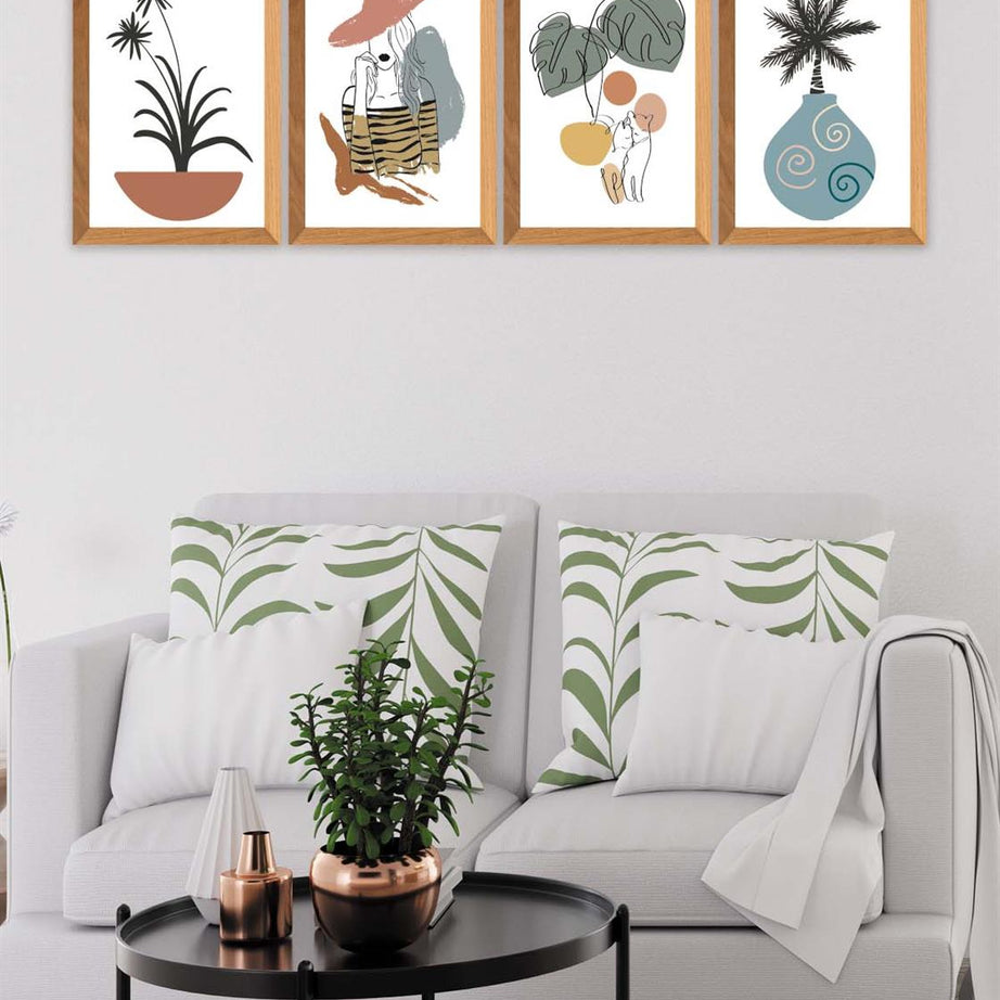 4 Parça Modern Sanatsal Bohem Tarzda (Ahşap çerçeve görünümlü) Uv Baskı Mdf Tablo Seti