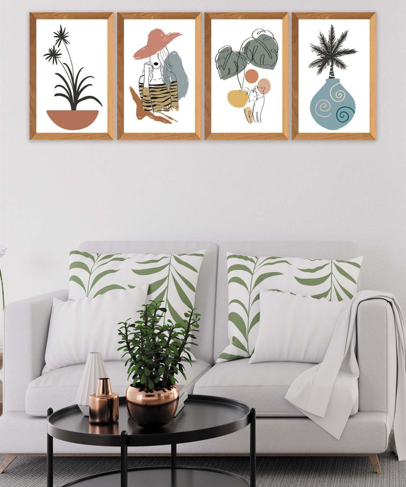 4 Parça Modern Sanatsal Bohem Tarzda (Ahşap çerçeve görünümlü) Uv Baskı Mdf Tablo Seti