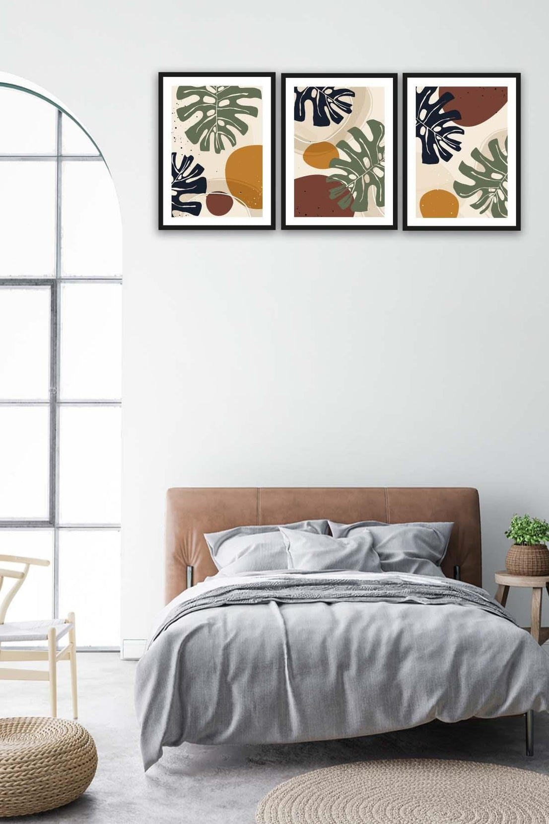 Botanik Yaprak Ve Bohem Tarzında Siyah Çerçeve Görünümlü Ahşap Tablo Seti