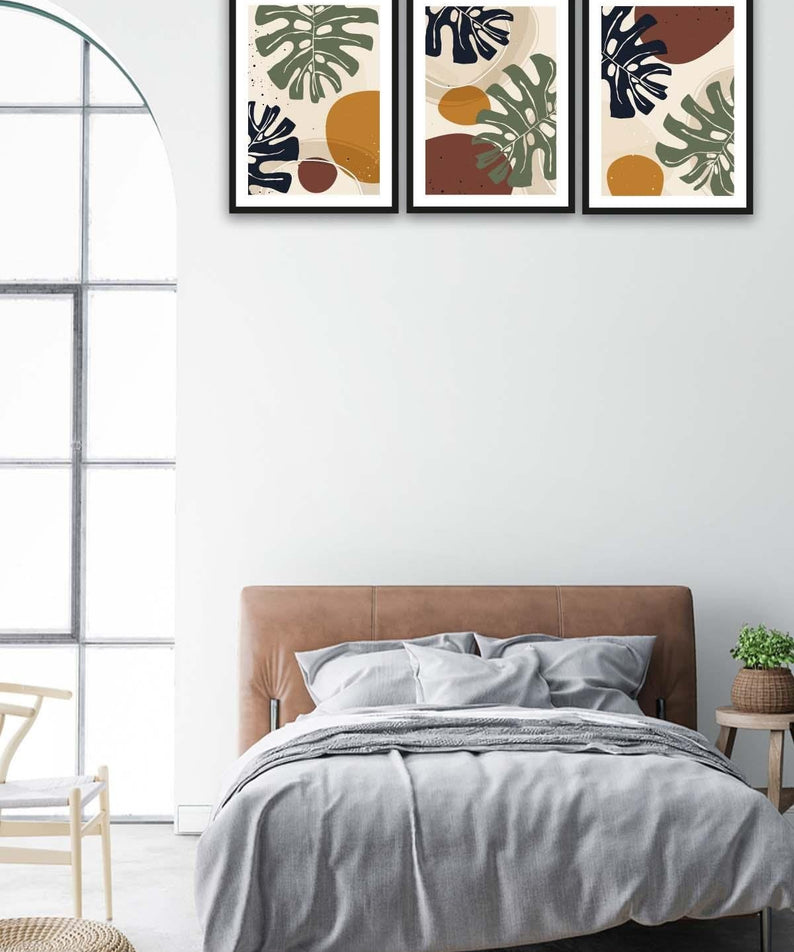 Botanik Yaprak Ve Bohem Tarzında Siyah Çerçeve Görünümlü Ahşap Tablo Seti
