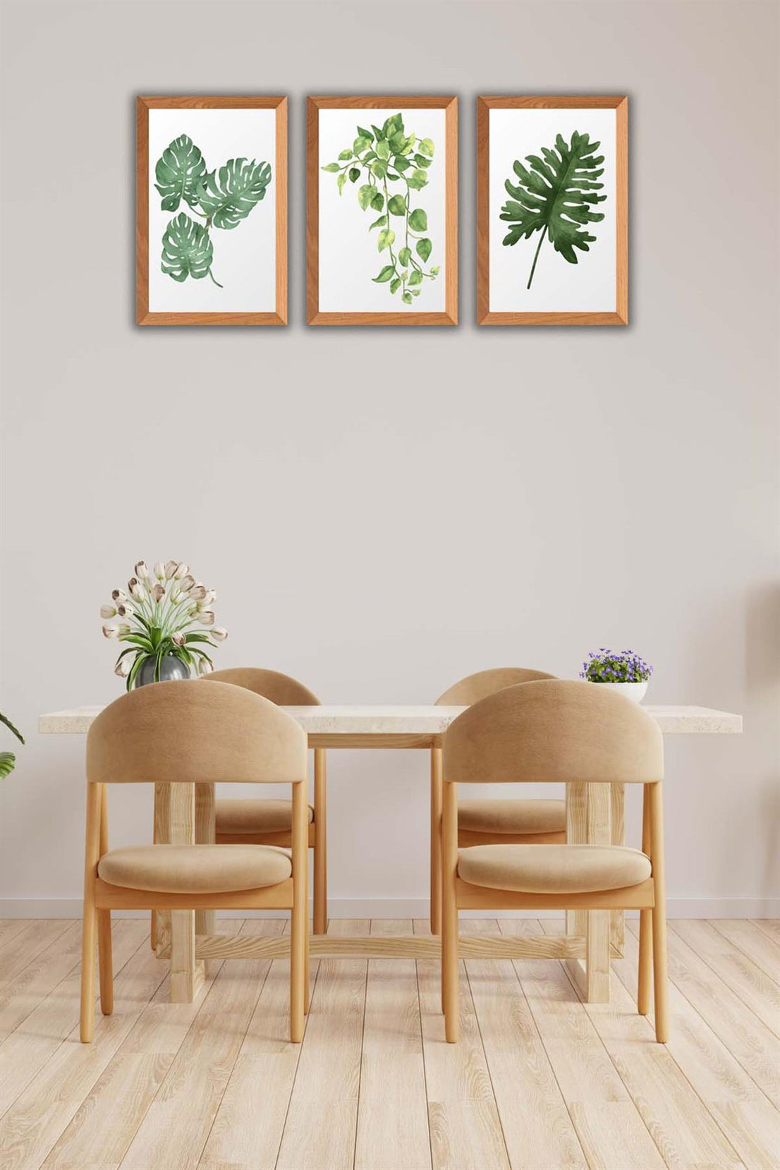3 Parça Bohem Tarzı Yaprak Ahşap Çerçeve Görünümlü Tablo Seti