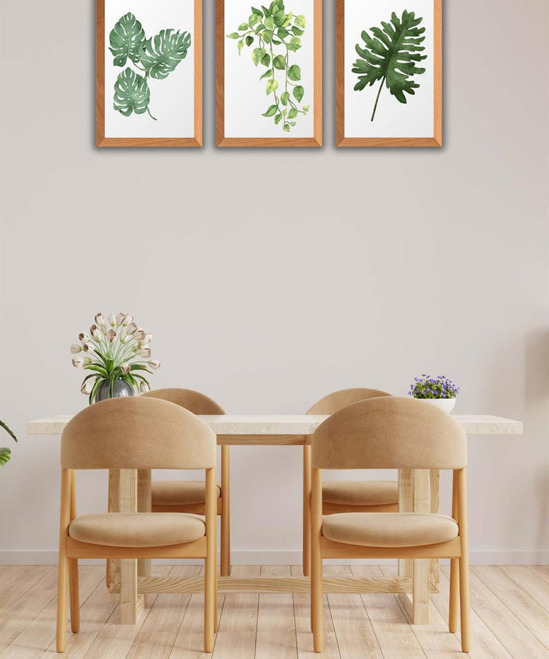 3 Parça Bohem Tarzı Yaprak Ahşap Çerçeve Görünümlü Tablo Seti