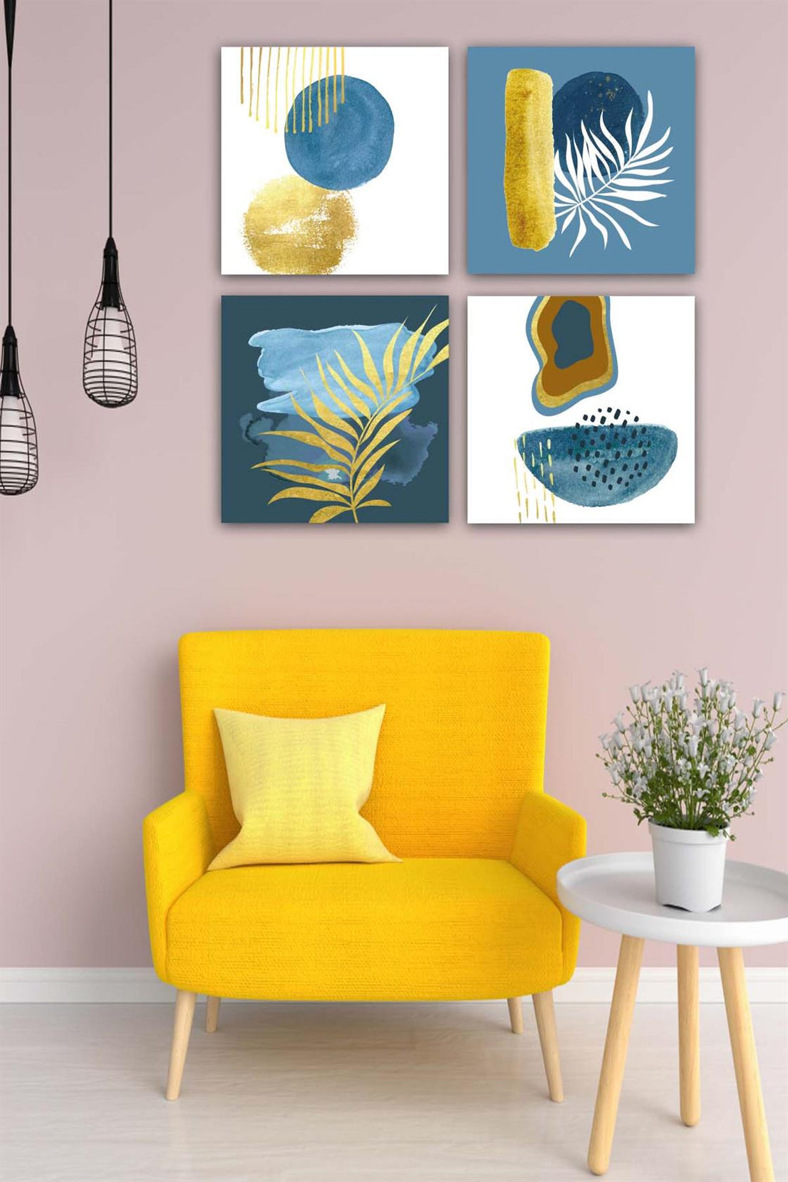 4 Parça Suluboya Botanik Tarzda Uv Baskı Tablo Seti