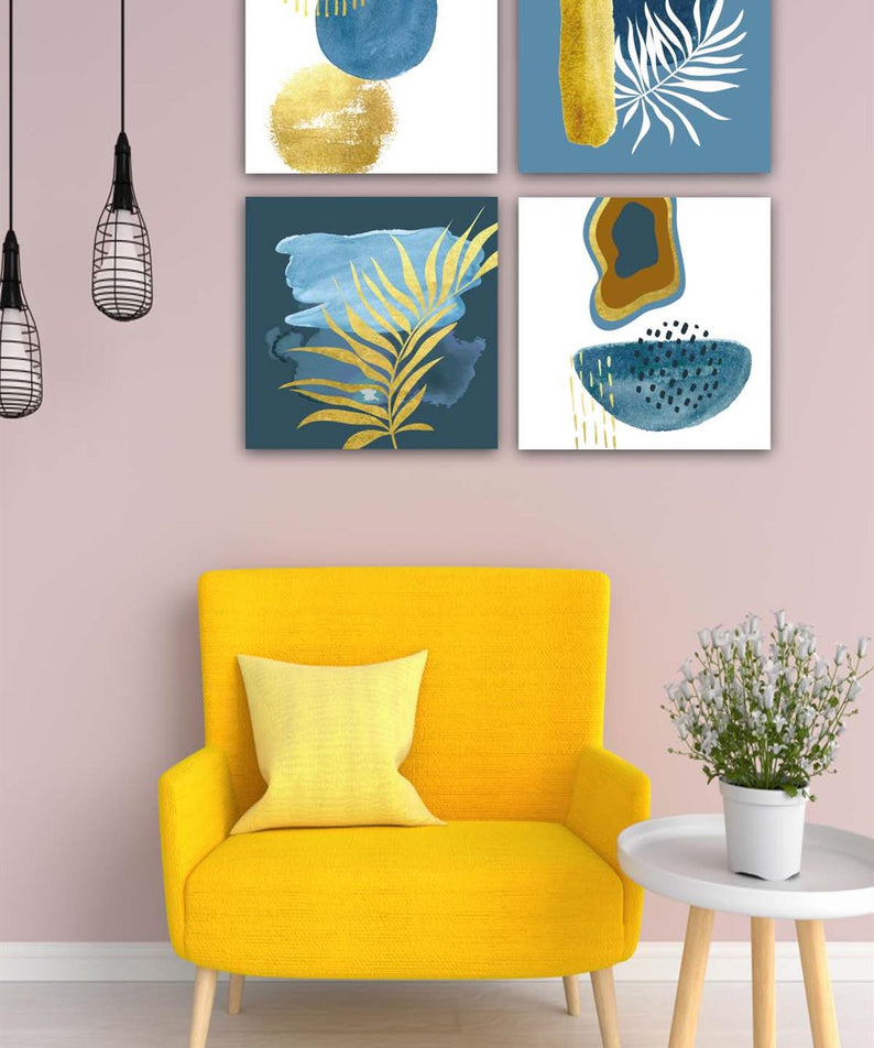 4 Parça Suluboya Botanik Tarzda Uv Baskı Tablo Seti