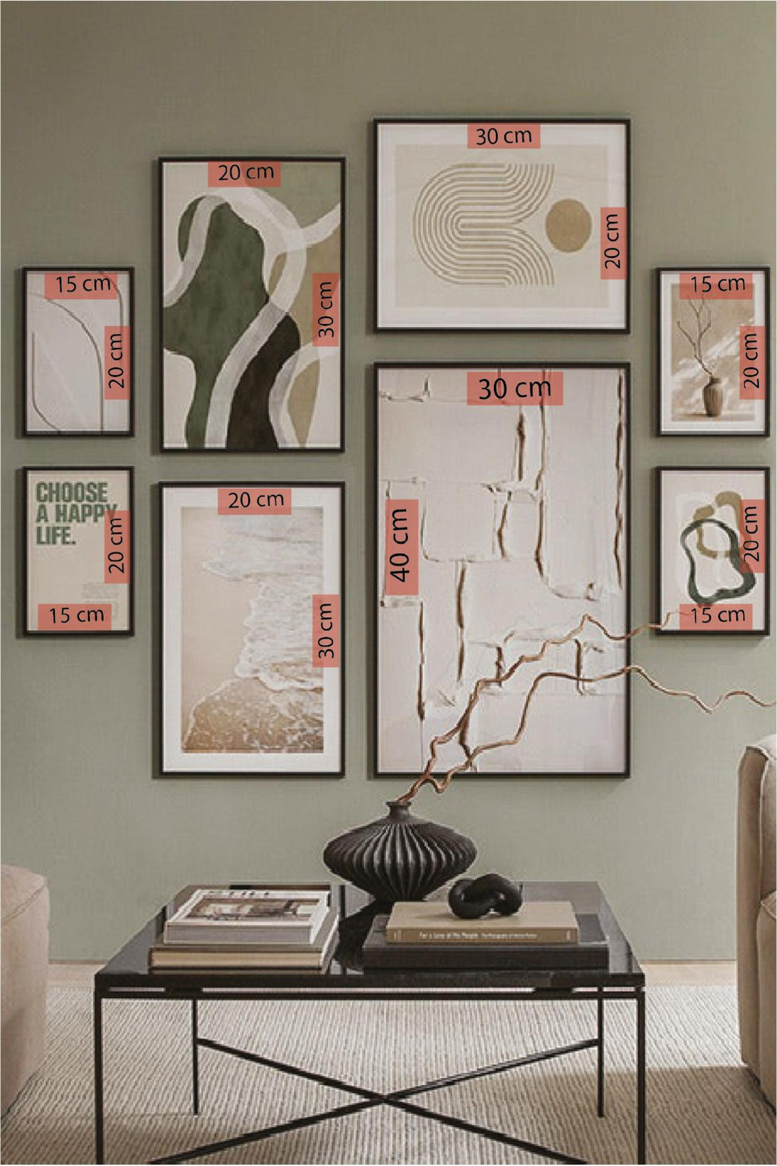 8 Parça Choose A Happy Soyut Modern Sanat (SİYAH ÇERÇEVE GÖRÜNÜMLÜ) Tablo Seti