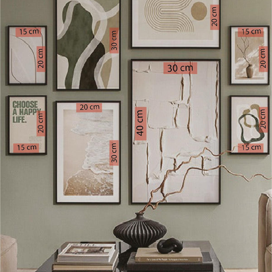 8 Parça Choose A Happy Soyut Modern Sanat (SİYAH ÇERÇEVE GÖRÜNÜMLÜ) Tablo Seti