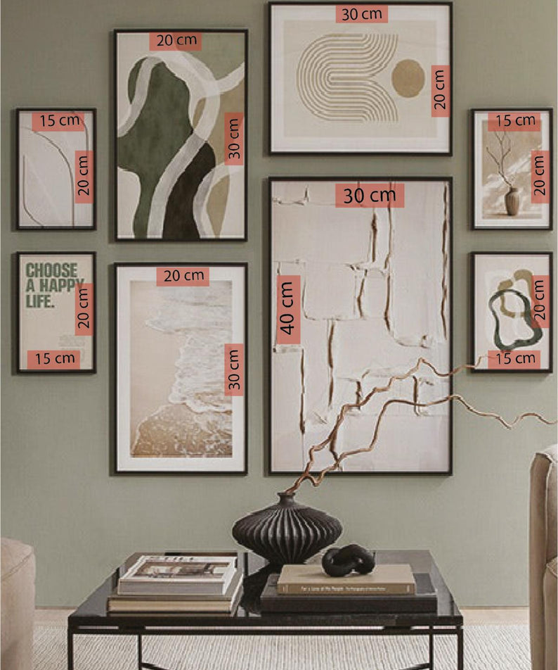 8 Parça Choose A Happy Soyut Modern Sanat (SİYAH ÇERÇEVE GÖRÜNÜMLÜ) Tablo Seti
