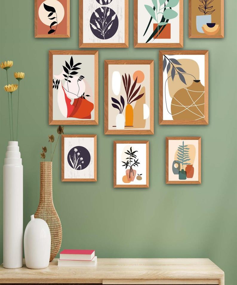 10 Parça Bohem Tarzında Sanatsal (Ahşap çerçeve görünümlü) Uv Baskı Mdf Tablo Seti