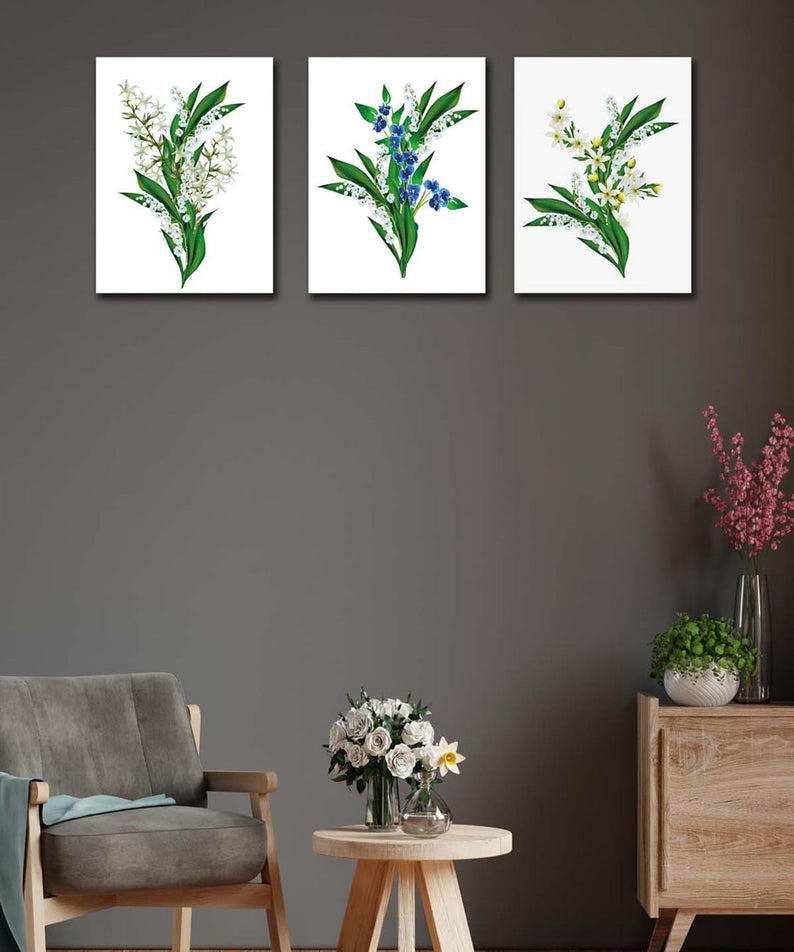 3 Parça Yeşil Çiçekler Tablo Seti