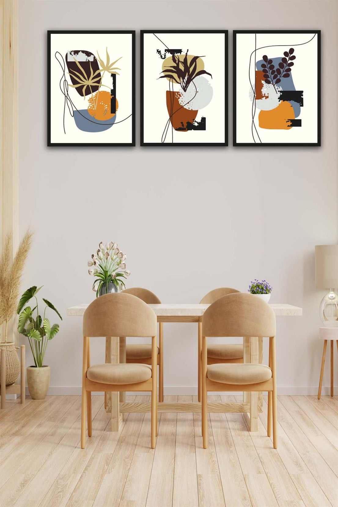 3 Parça Bohem Tarzda Sanatsal Siyah Çerçeve Görünümlü Uv Baskı Mdf Tablo Seti