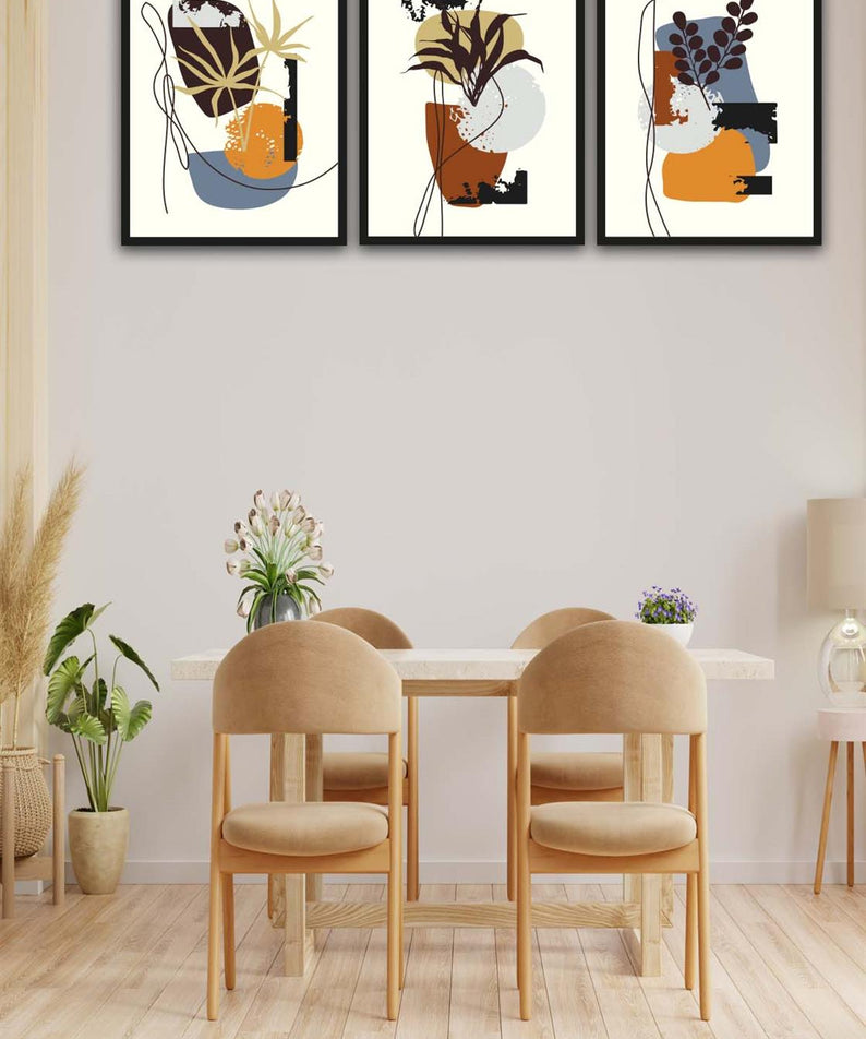 3 Parça Bohem Tarzda Sanatsal Siyah Çerçeve Görünümlü Uv Baskı Mdf Tablo Seti