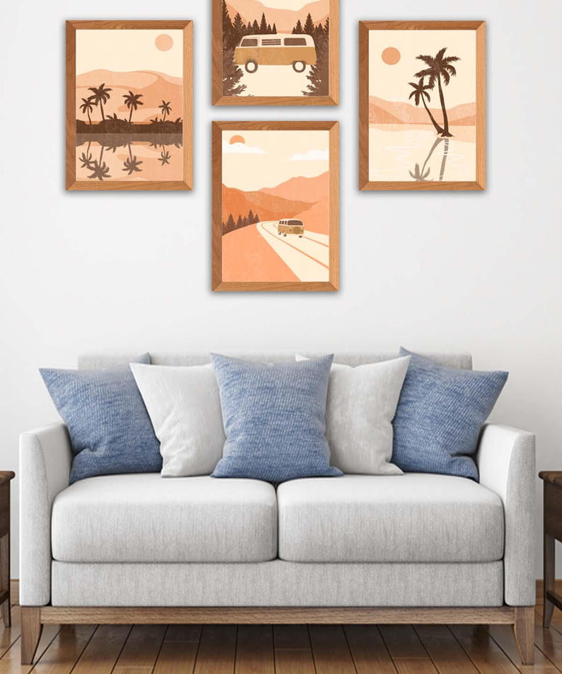 Yaz Ve Palmiye Temalı Ahşap Çerçeve Görünümlü Tablo Seti