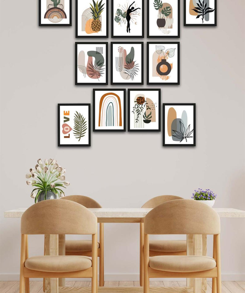 12 Parça Bohem Tarzda Sanatsal Siyah Çerçeve Görünümlü Uv Baskı Mdf Tablo Seti