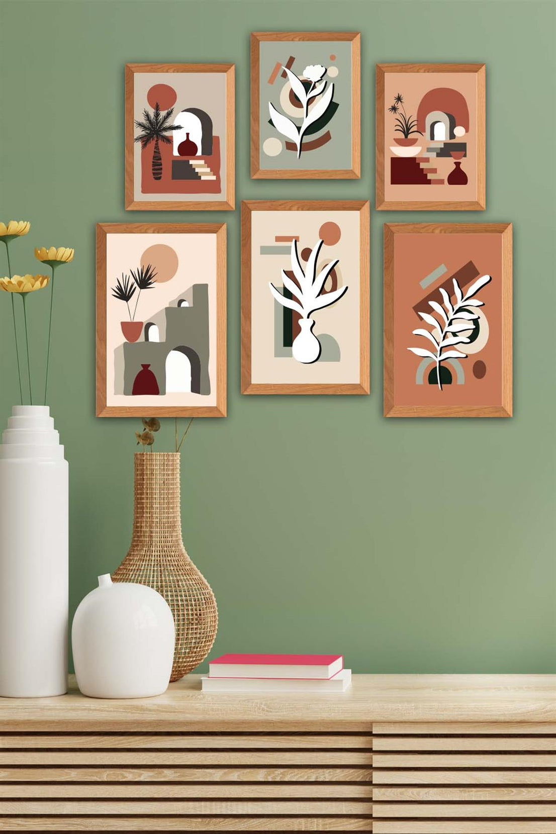 6 Parça Bohem Tarzda (Ahşap Çerçeve Görünümlü) Uv Baskı Tablo Seti