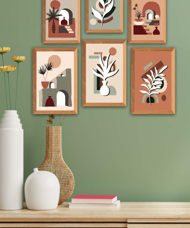 6 Parça Bohem Tarzda (Ahşap Çerçeve Görünümlü) Uv Baskı Tablo Seti