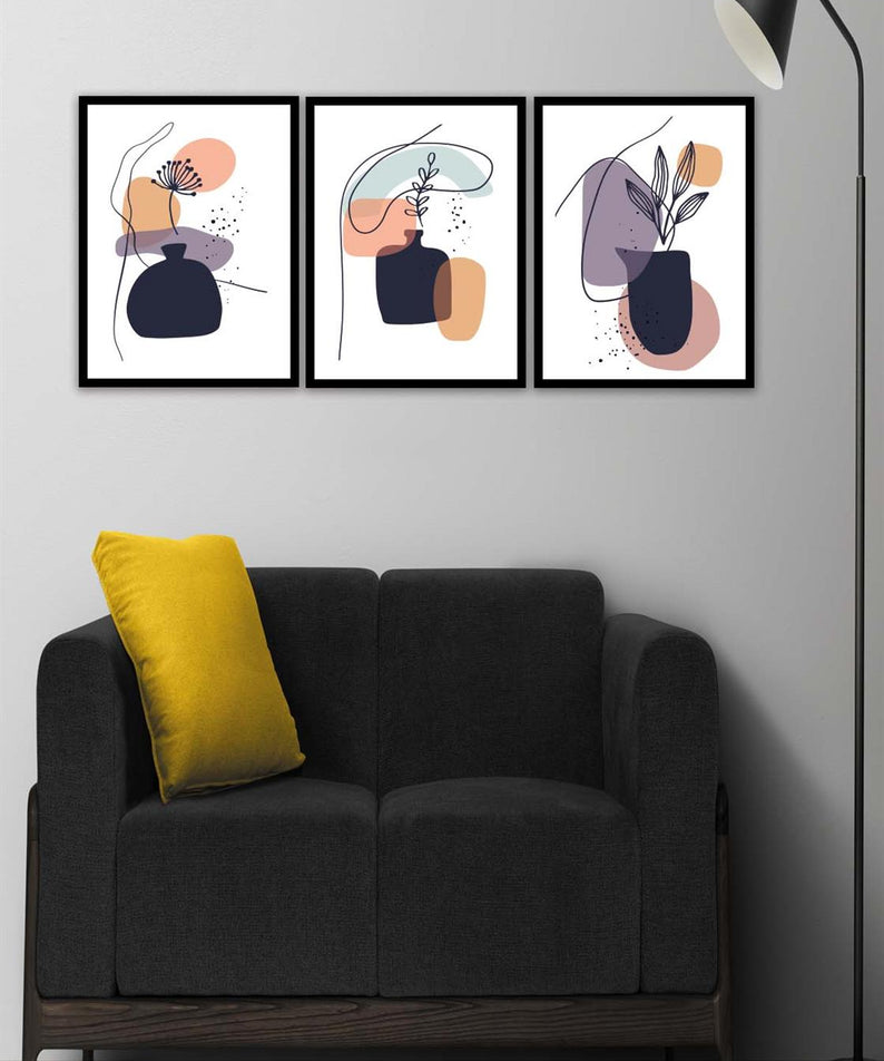 3 Parça Bohem Tarzında Sanatsal Siyah Çerçeve Görünümlü Dijital Baskı Tablo Seti