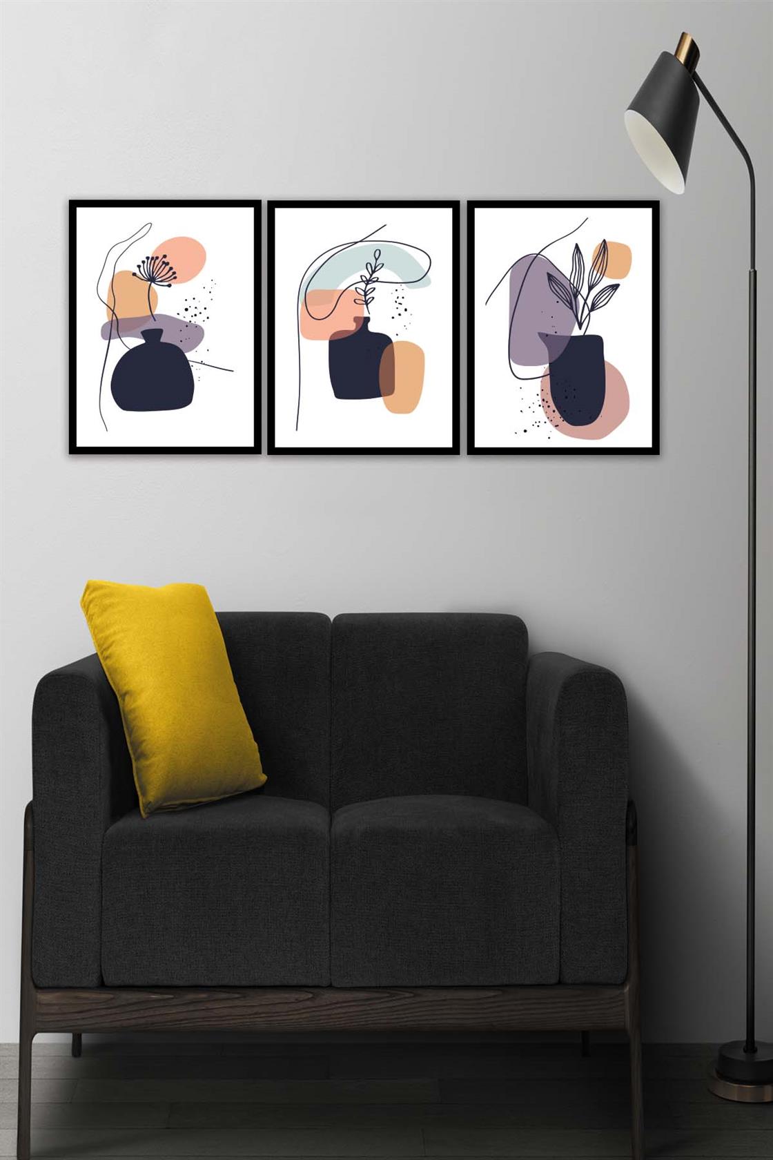 3 Parça Bohem Tarzında Sanatsal Siyah Çerçeve Görünümlü Dijital Baskı Tablo Seti