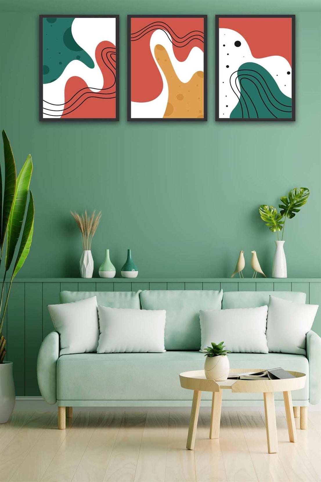 3 Parça Renkli Modern Tarzda Siyah Çerçeve Görünümlü Uv Baskı Mdf Tablo Seti