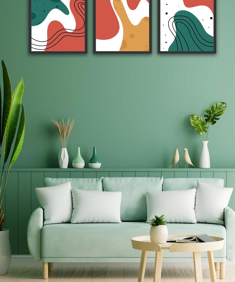 3 Parça Renkli Modern Tarzda Siyah Çerçeve Görünümlü Uv Baskı Mdf Tablo Seti