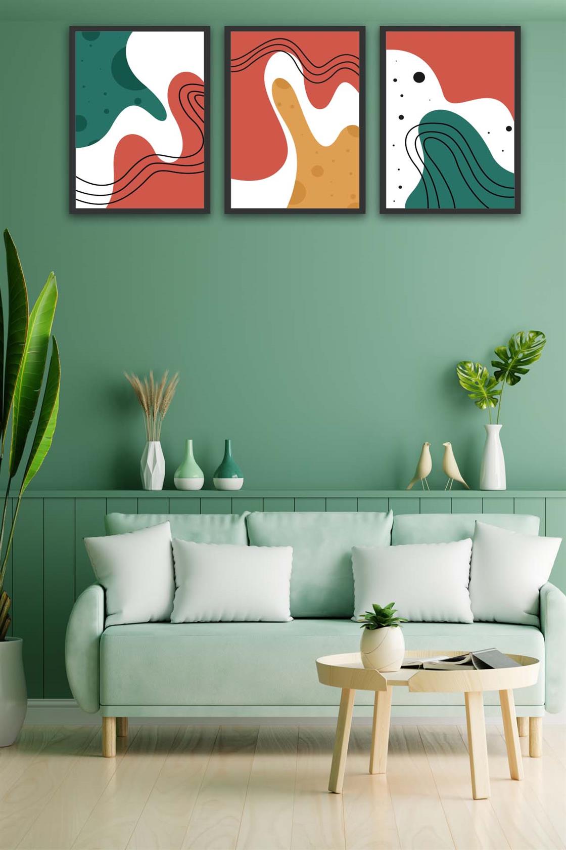 3 Parça Renkli Modern Tarzda Siyah Çerçeve Görünümlü Uv Baskı Mdf Tablo Seti