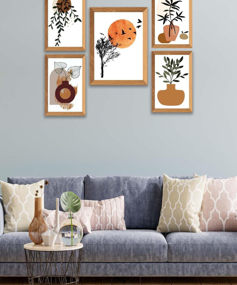 5 Parça Dal Ve Bohem Temalı Ahşap Çerçeve Görünümlü Tablo Seti