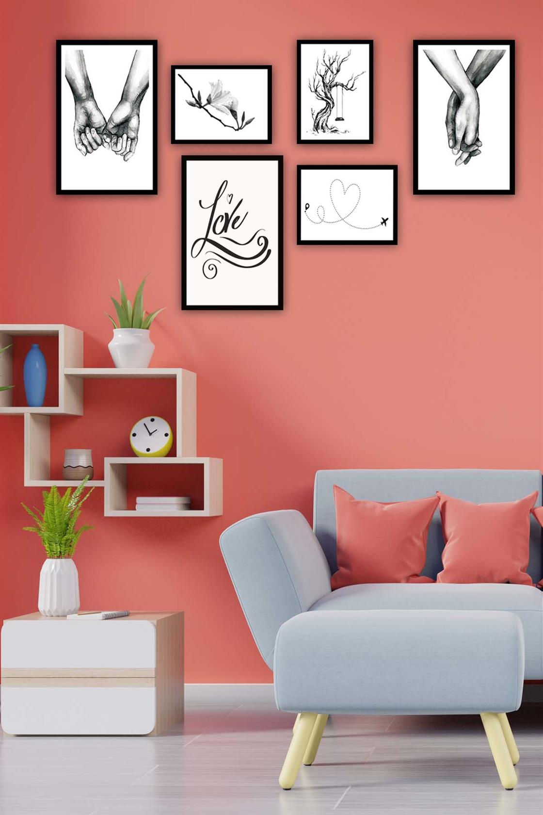 6 Parça Siyah Beyaz Sanatsal Çerçeve Görünümlü Tablo Seti