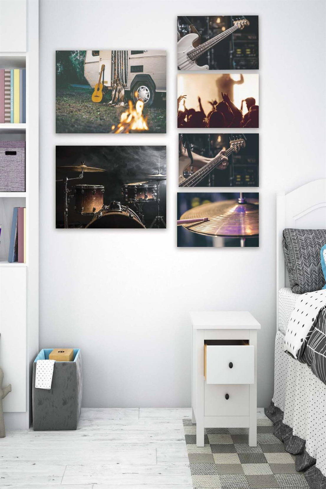 6 Parça Müzik Severlere Özel Gitar Ve Bateri Ahşap Mdf Tablo Seti