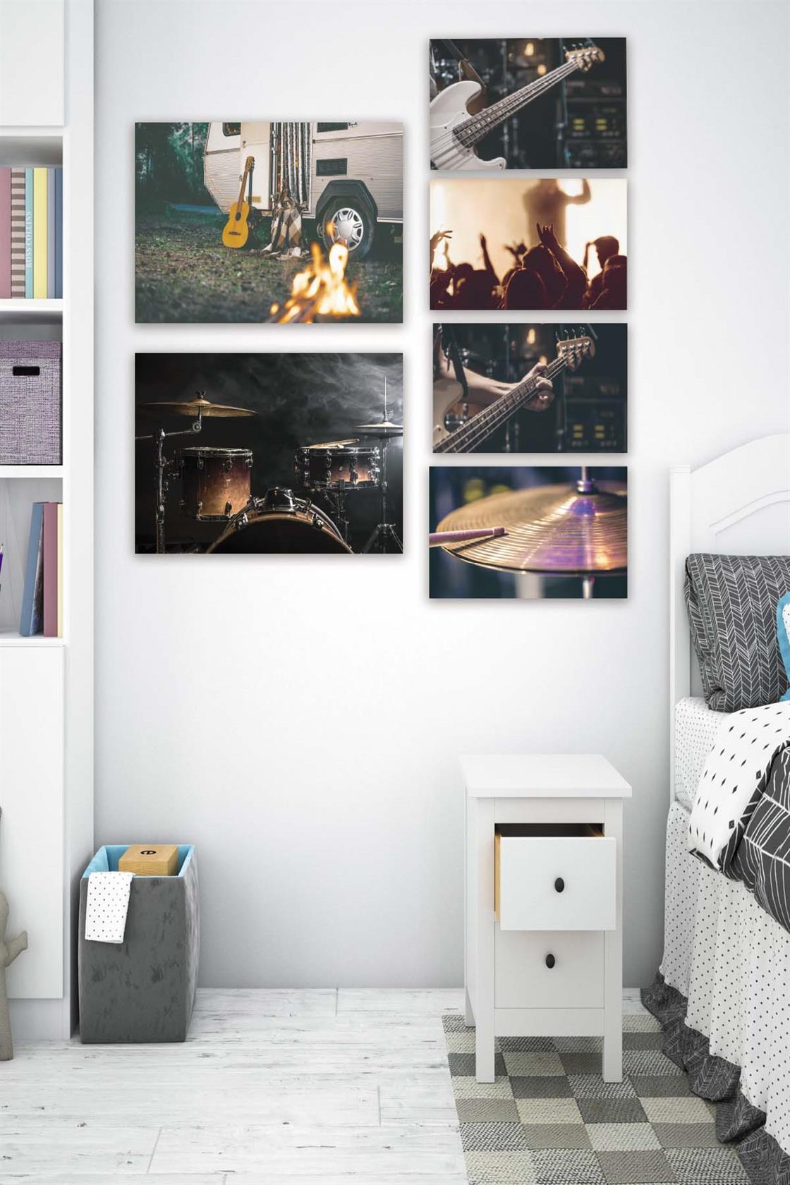 6 Parça Müzik Severlere Özel Gitar Ve Bateri Ahşap Mdf Tablo Seti