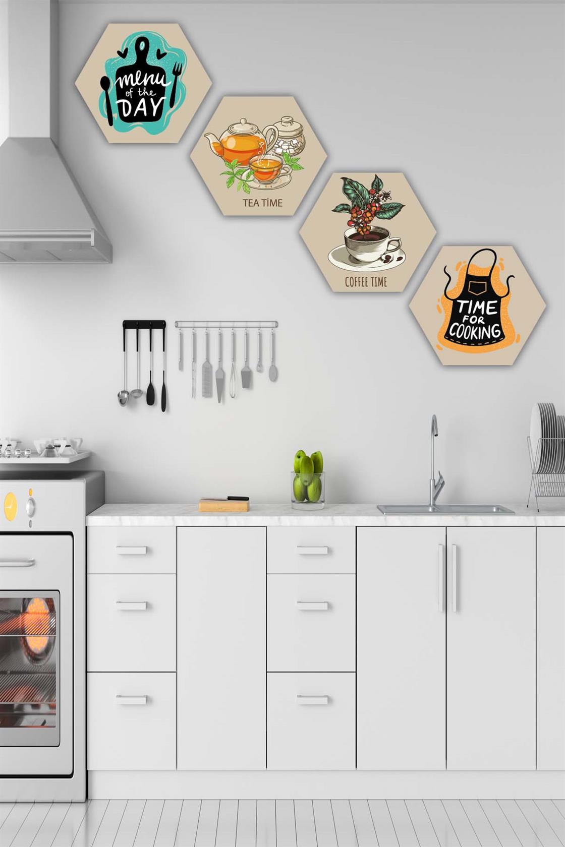 4 Parça Altıgen Mutfak Petek Tasarım Mdf Tablo Seti