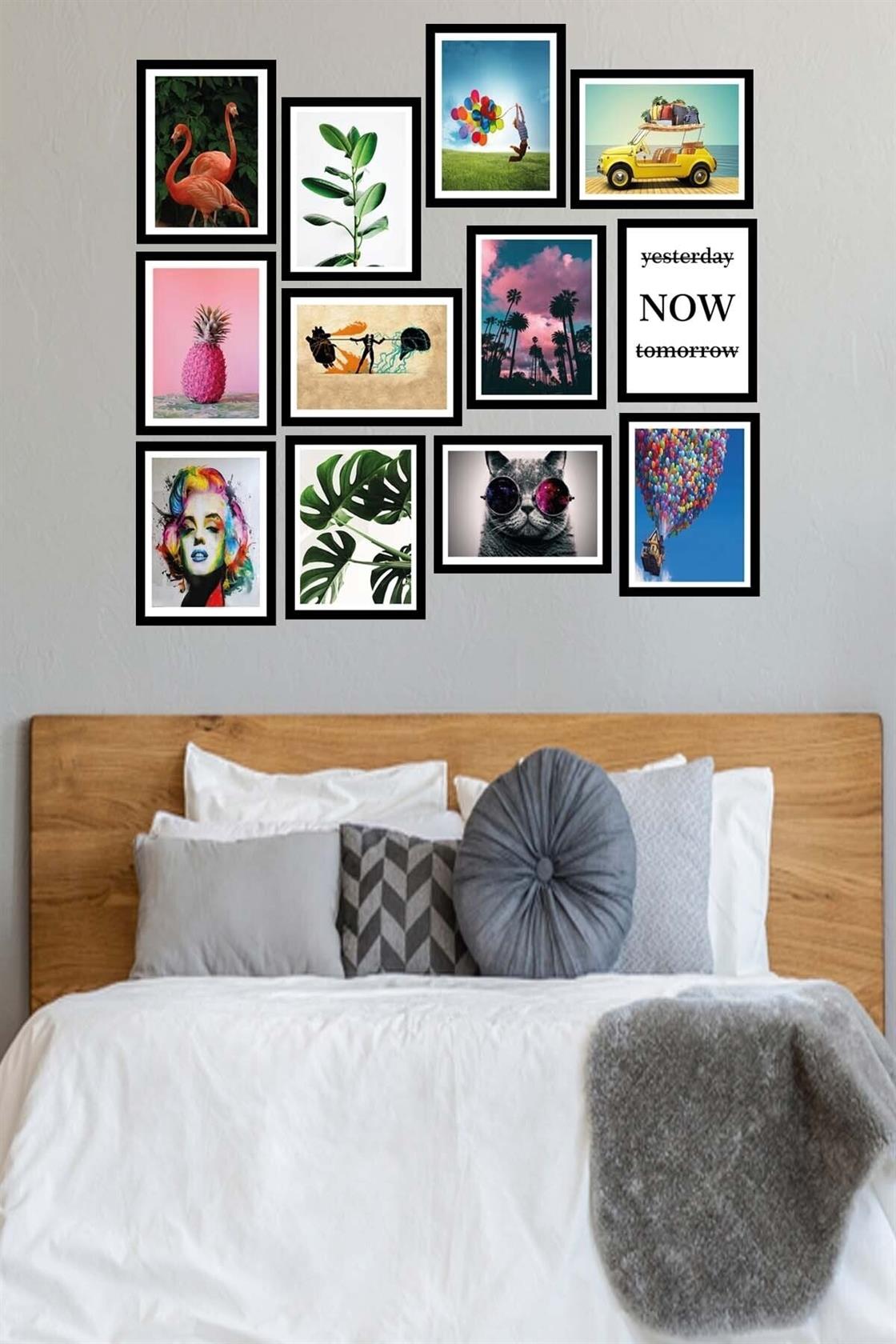 12 Parça Birbirinden Farklı Dijital Baskı Siyah Çerçeve Görünümlü Tablo Seti