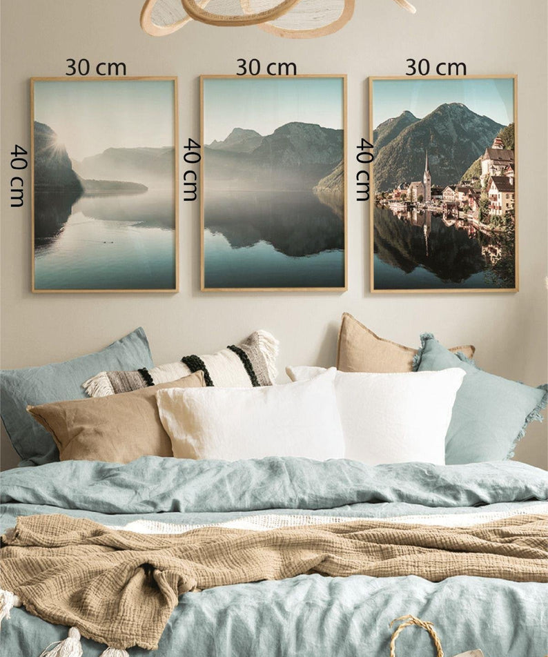 3 Parça İsveç Ve Göl Temalı Ahşap Çerçeve Görünümlü Tablo Seti