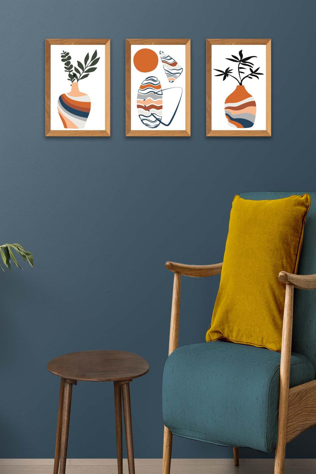 3 Parça Modern Sanatsal Bohem Tarzda (Ahşap çerçeve görünümlü) Uv Baskı Mdf Tablo Seti