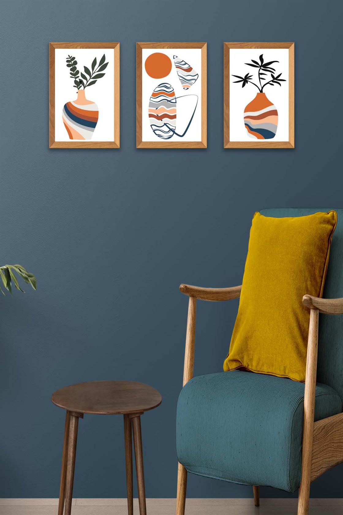 3 Parça Modern Sanatsal Bohem Tarzda (Ahşap çerçeve görünümlü) Uv Baskı Mdf Tablo Seti