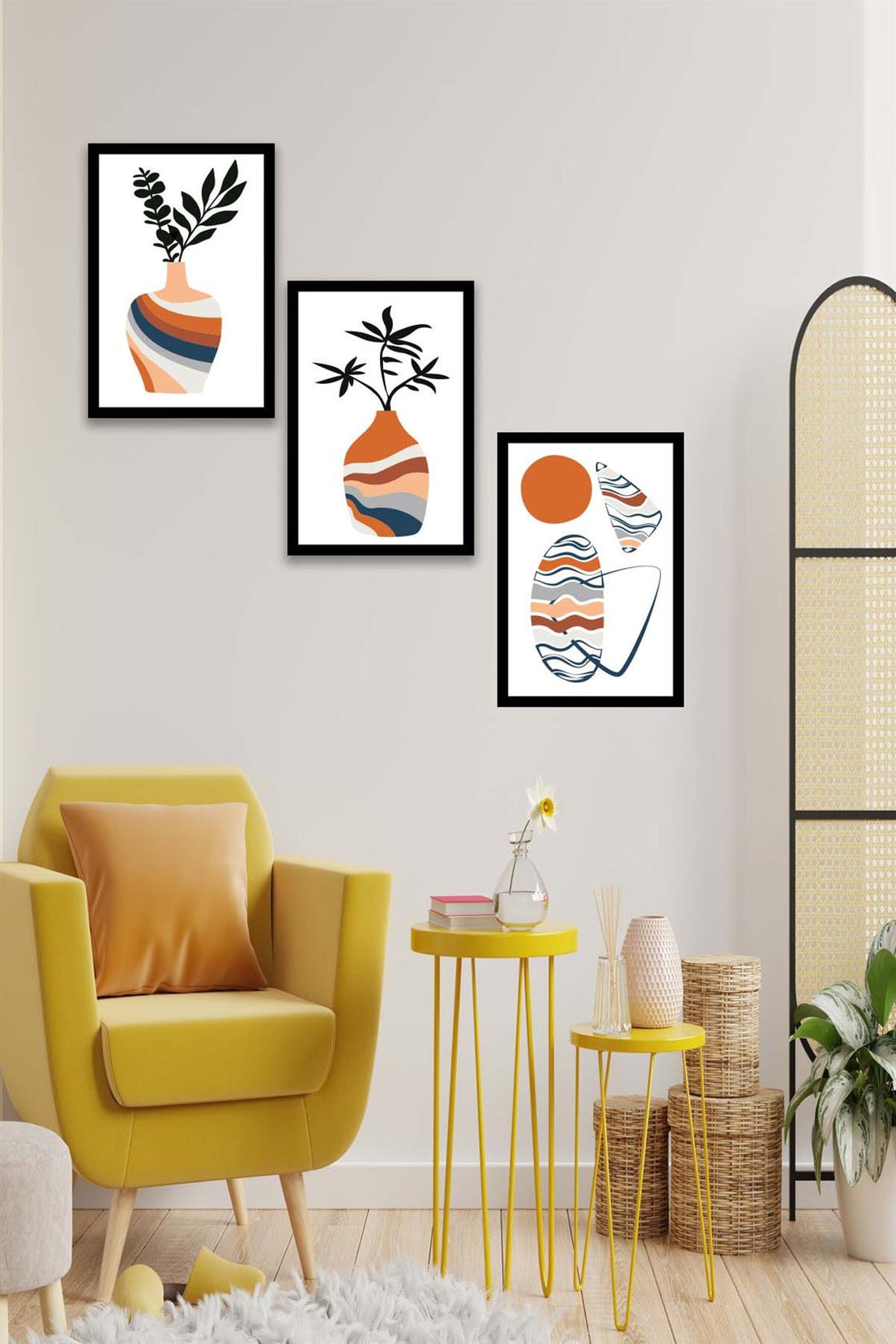 3 Parça Vazo Bohem Tarzında Siyah Çerçeve Görünümlü Dijital Baskı Tablo Seti