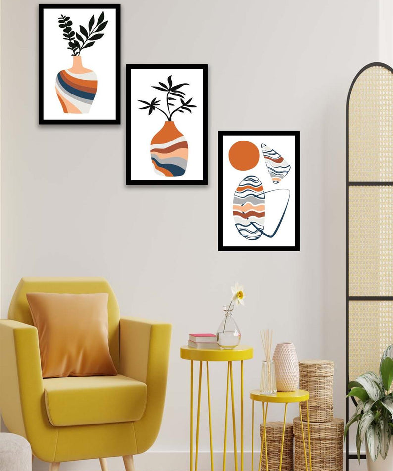 3 Parça Vazo Bohem Tarzında Siyah Çerçeve Görünümlü Dijital Baskı Tablo Seti