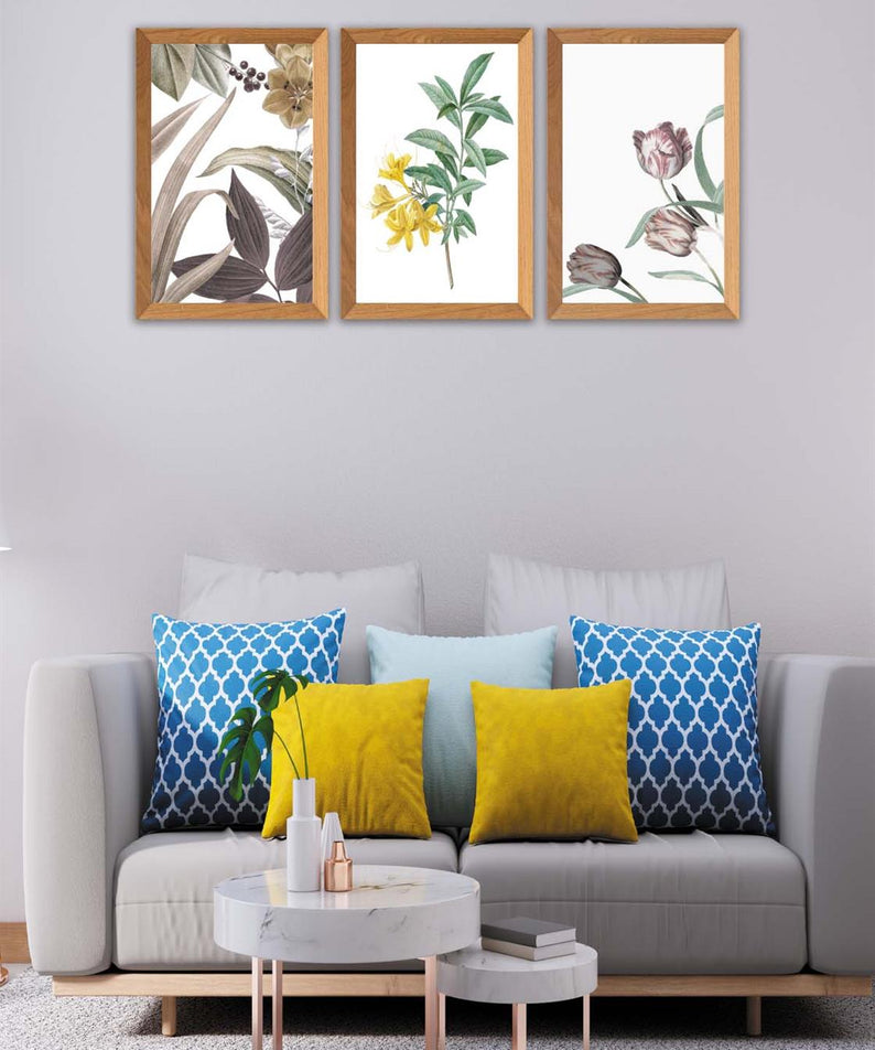 3 Parça Renkli Çiçekler Ahşap Çerçeve Görünümlü Dijital Baskı Tablo Seti