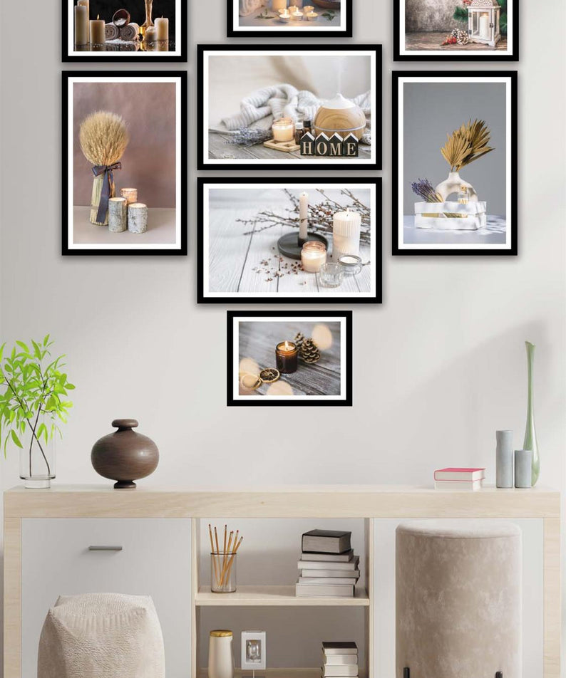 8 Parça Mum Ve Kozalak Tarzında Siyah Çerçeve Görünümlü Mdf Tablo Seti