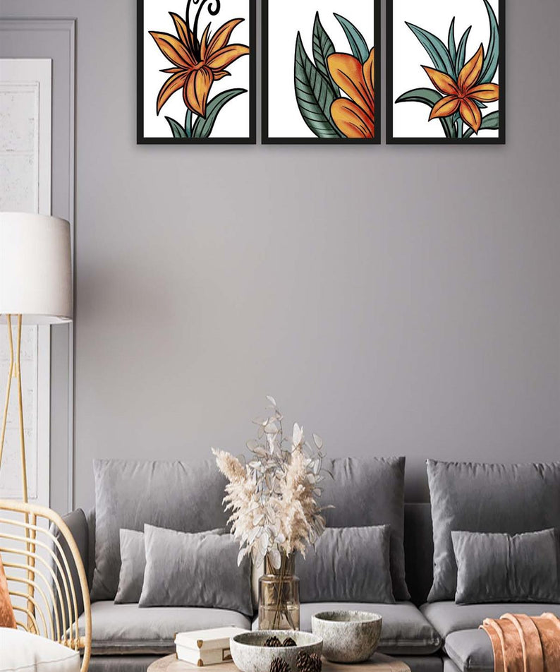 3 Parça Turuncu Yapraklı Çiçek Tarzda Sanatsal Siyah Çerçeve Görünümlü Uv Baskı Mdf Tablo Seti
