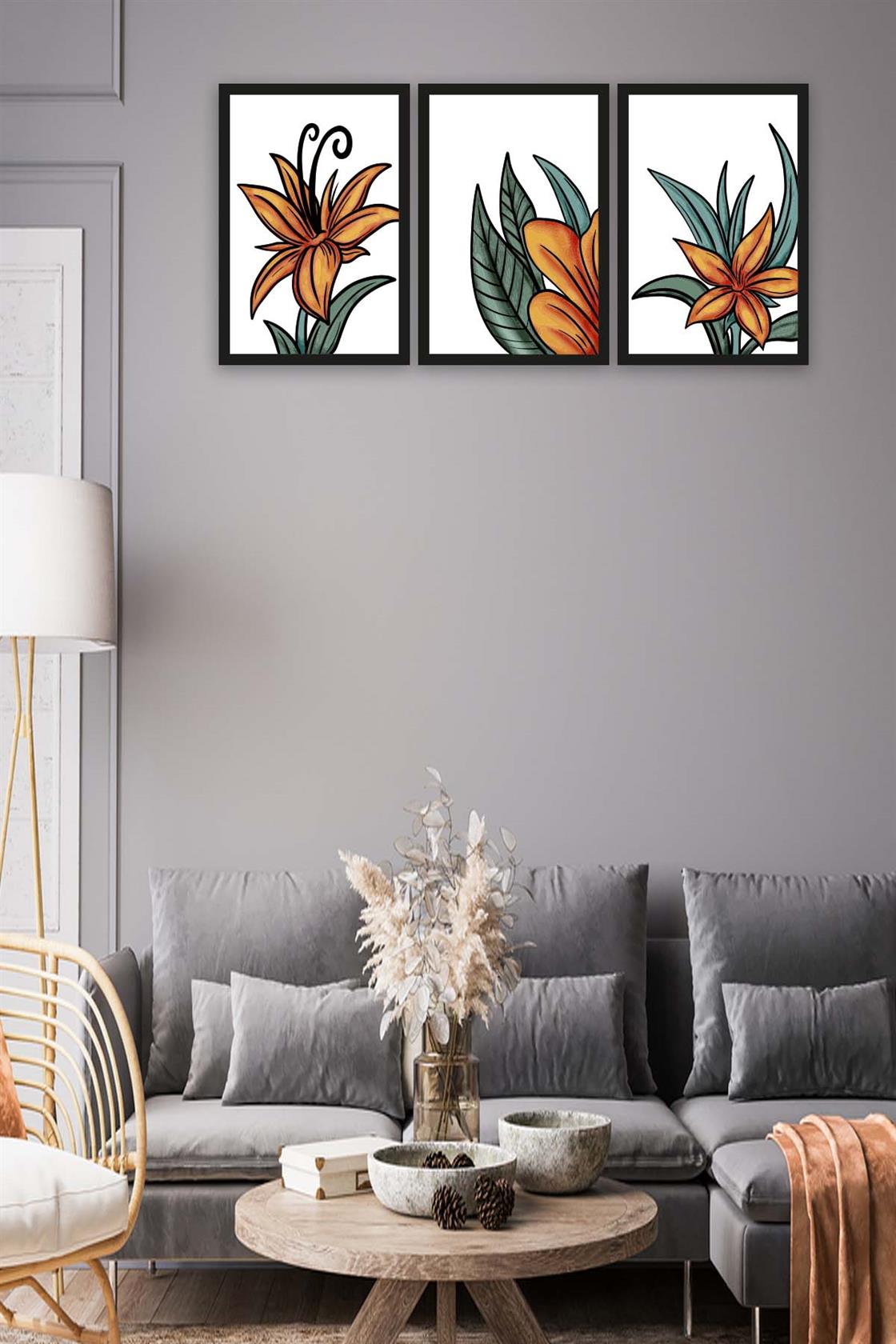 3 Parça Turuncu Yapraklı Çiçek Tarzda Sanatsal Siyah Çerçeve Görünümlü Uv Baskı Mdf Tablo Seti