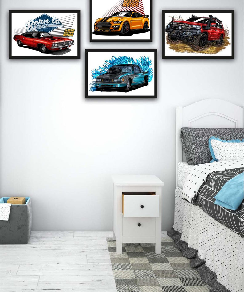 4 Parça Klasik Ve Yarış Arabaları Siyah Çerçeve Görünümlü Uv Baskı Mdf Tablo Seti