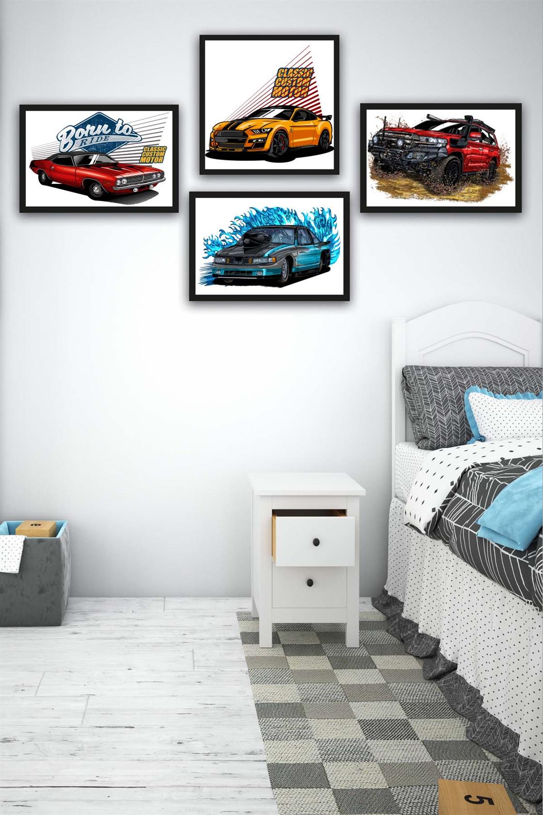 4 Parça Klasik Ve Yarış Arabaları Siyah Çerçeve Görünümlü Uv Baskı Mdf Tablo Seti