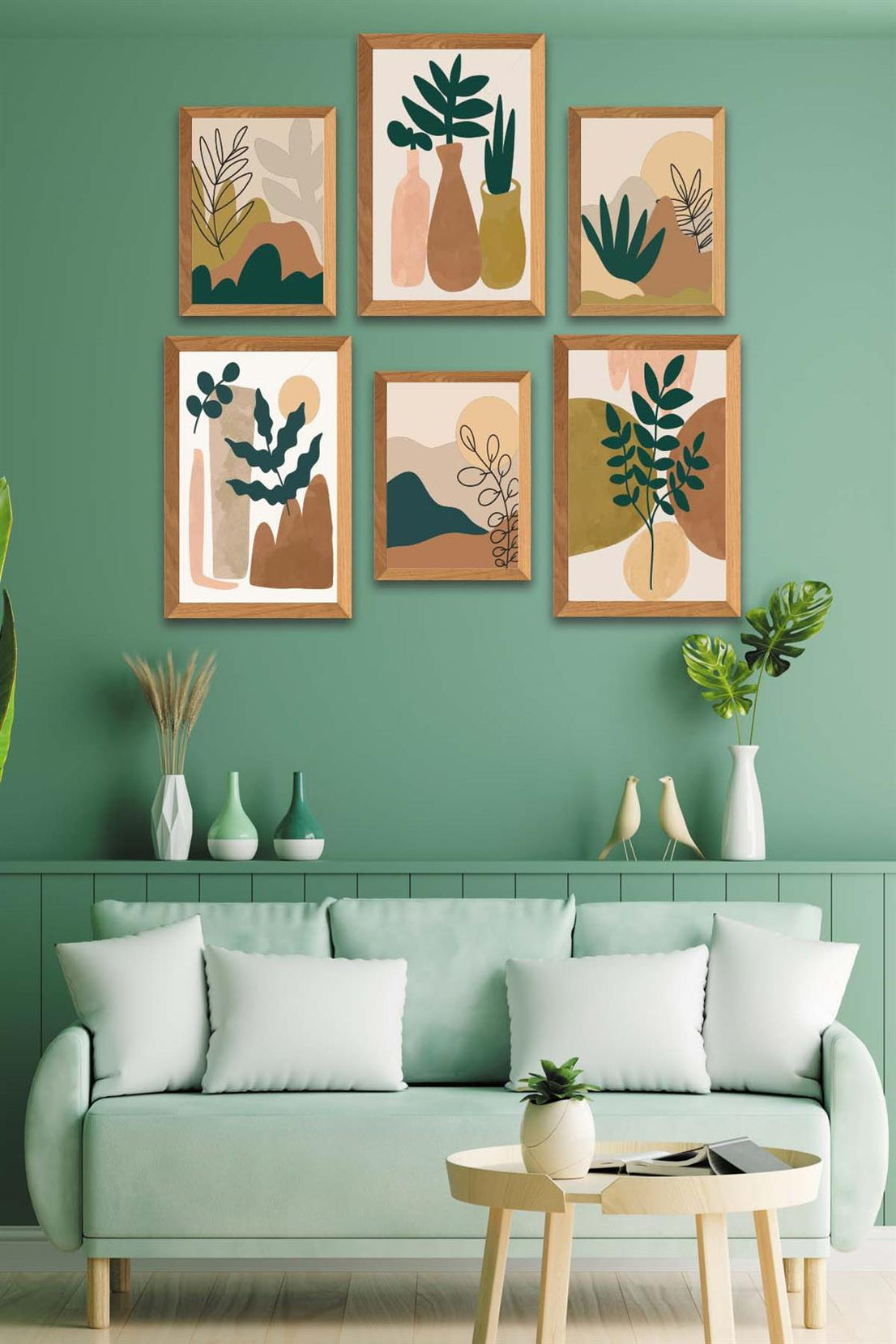 6 Parça Sanatsal Bohem Tarzında (Ahşap çerçeve görünümlü) Uv Baskı Mdf Tablo Seti