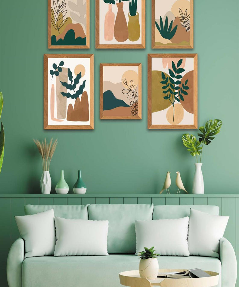 6 Parça Sanatsal Bohem Tarzında (Ahşap çerçeve görünümlü) Uv Baskı Mdf Tablo Seti