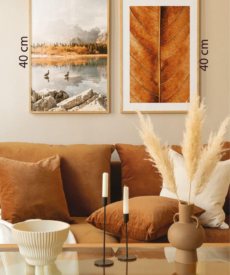 2 Parça Göl Ve Yaprak Manzaralı Ahşap Çerçeve Görünümlü Tablo Seti
