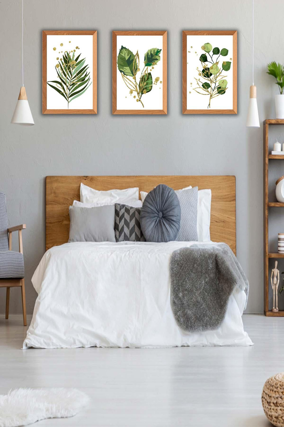 Yeşil Çiçek Temalı Ahşap Çerçeve Görünümlü Tablo Seti