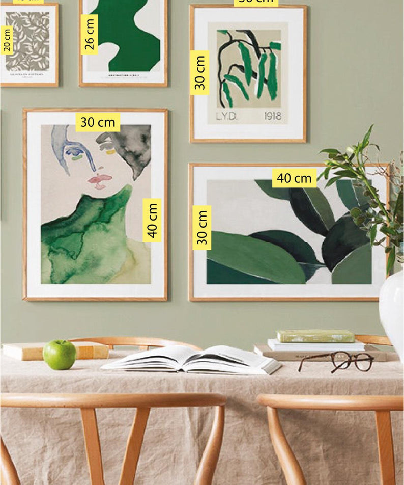 5 Parça Green Watercolur Tarzında (AHŞAP ÇERÇEVE GÖRÜNÜMLÜ) Tablo Seti