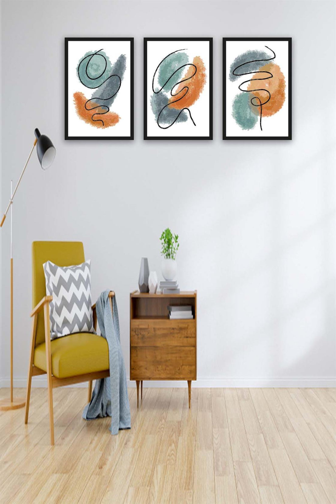 3 Parça Watercolur Tarzda Sanatsal Siyah Çerçeve Görünümlü Uv Baskı Mdf Tablo Seti