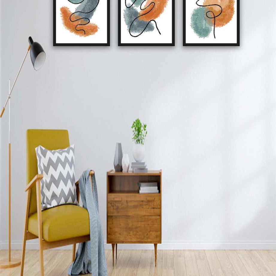 3 Parça Watercolur Tarzda Sanatsal Siyah Çerçeve Görünümlü Uv Baskı Mdf Tablo Seti